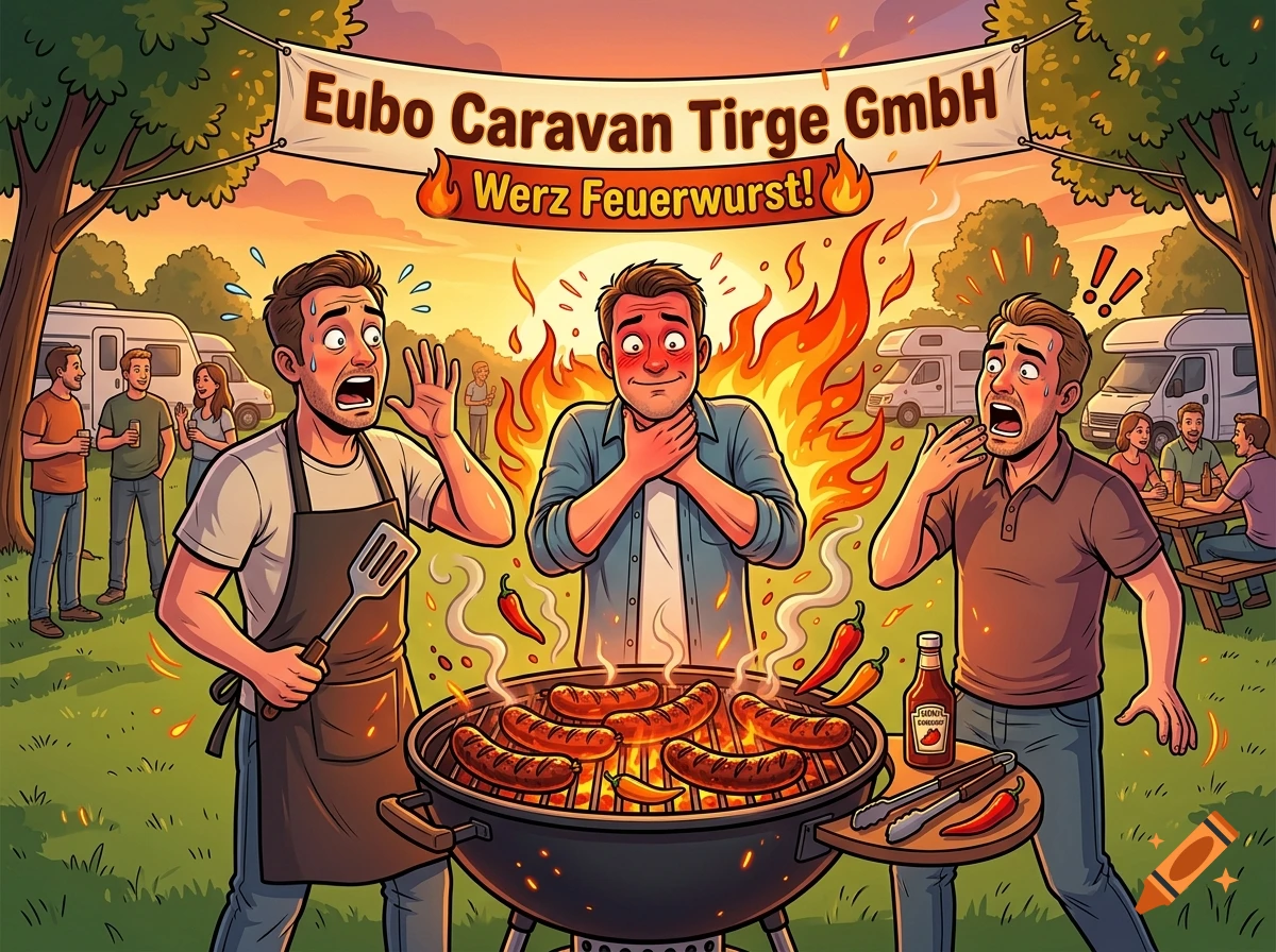 Animated cartoon of men at a barbecue with fire, smoke, and funny expressions.