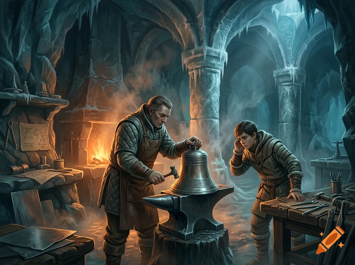 An older blacksmith in a leather apron hammering a metal bell on an anvil inside a stone workshop, while a younger apprentice watches closely.