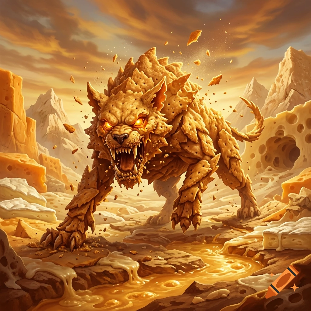 Fantasy art of a rabid wolf-like beast made of cheese crackers in a mountainous cheese landscape.