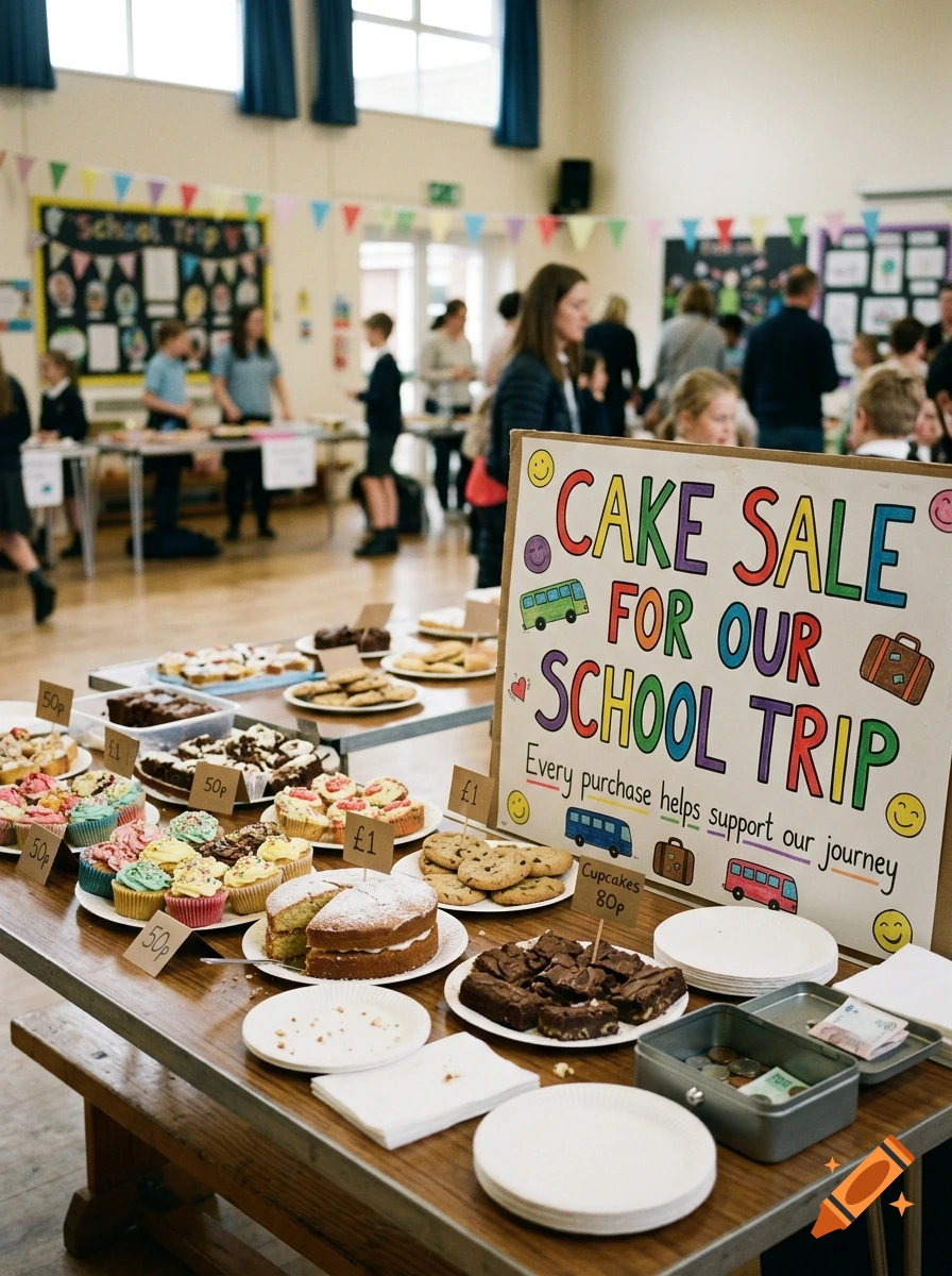 Photorealistic image of a school bake sale with various cakes, cookies, and brownies on tables, and a sign reading CAKE SALE FOR OUR SCHOOL TRIP.
