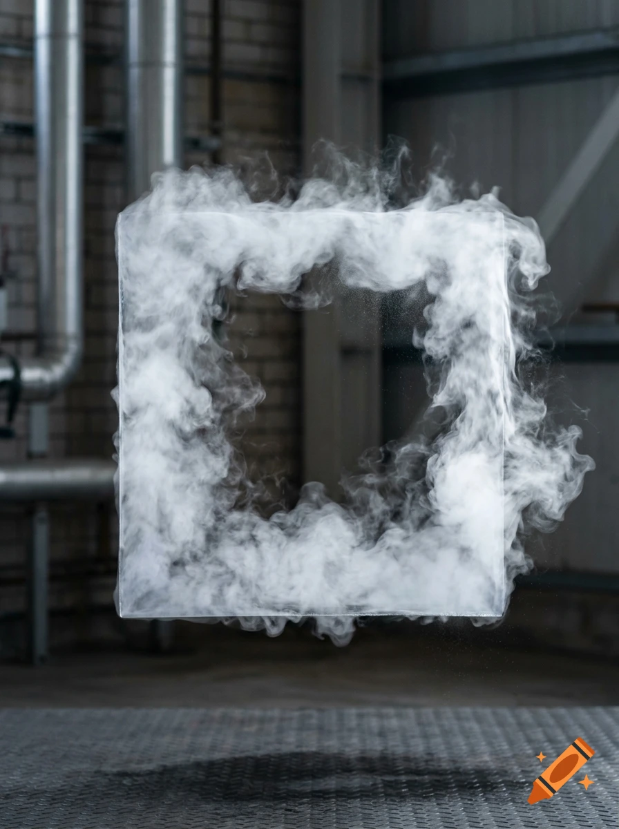 Photorealistic image of a floating rectangular cloud of white steam in an industrial setting.