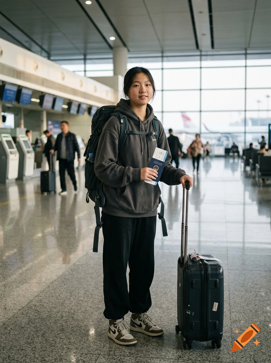 Photorealistic image of a teenage girl standing in an airport terminal with a backpack, holding a passport and luggage.