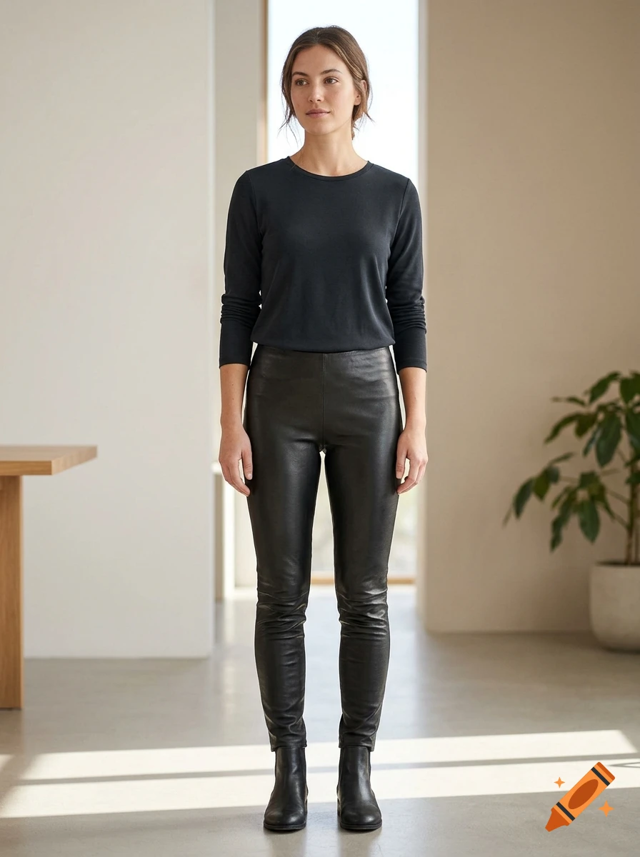 Photorealistic full-body portrait of a woman standing in a modern room, wearing a black long-sleeve shirt, leather leggings, and black boots.