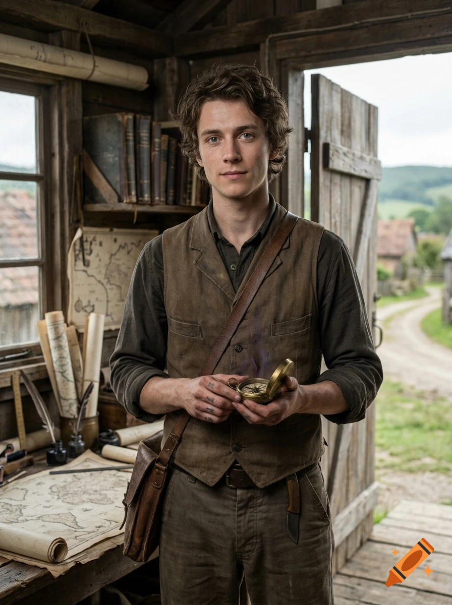 A photorealistic portrait of a young man with brown curly hair and a vest holding a compass inside a rustic workshop.