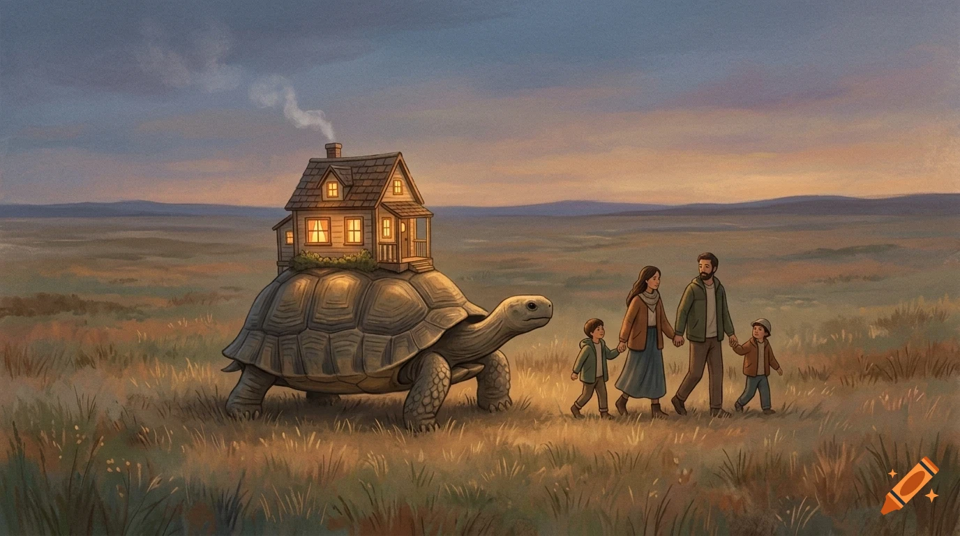 A family walking in a field beside a giant tortoise carrying a lit cottage on its shell under a twilight sky.