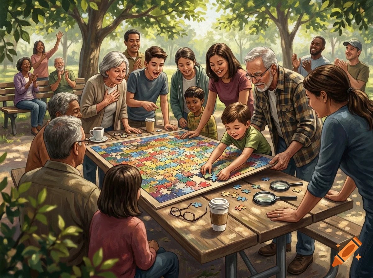 A large multi-generational family and group of people gathered around picnic tables in a park, working together to complete a large jigsaw puzzle.