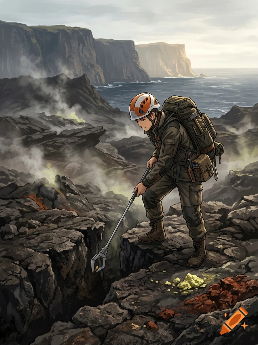 An explorer in gear holding a tool near a volcanic fissure by the ocean.