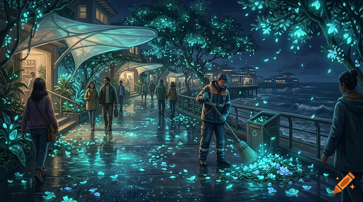 A nighttime coastal street scene at night featuring glowing blue flora, pedestrians, and a street sweeper gathering glowing leaves.