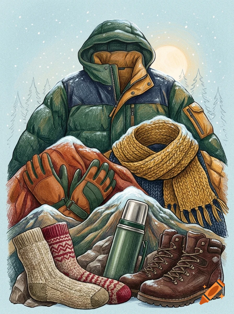 An illustrated winter collection featuring a green puffer jacket, orange and green gloves, a yellow scarf, socks, boots, and a thermos against a snowy mountain backdrop.