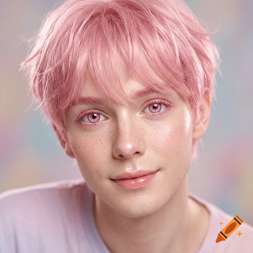 Close-up photorealistic portrait of a young person with short fluffy pink hair, pink eyes, and light freckles.