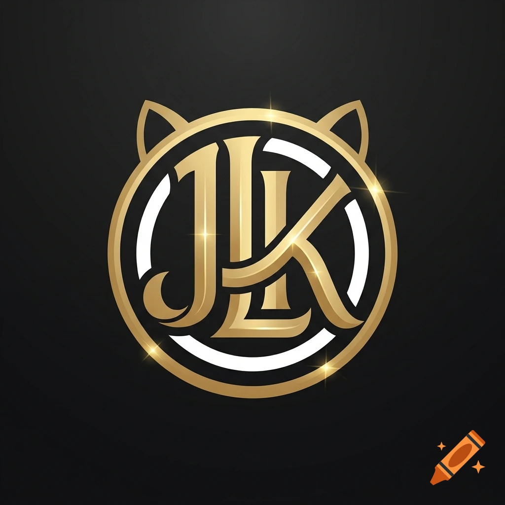 Gold metallic monogram logo with letters J, L, and K inside a circle with cat ears on a black background