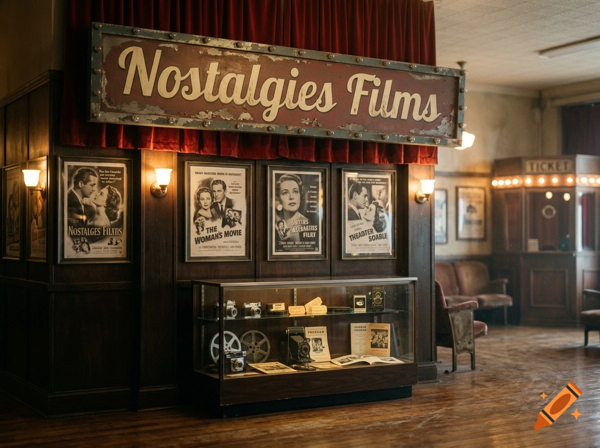 Vintage cinema interior with a prominent sign reading 'Nostalgies Films', movie posters, and a display case with cameras.