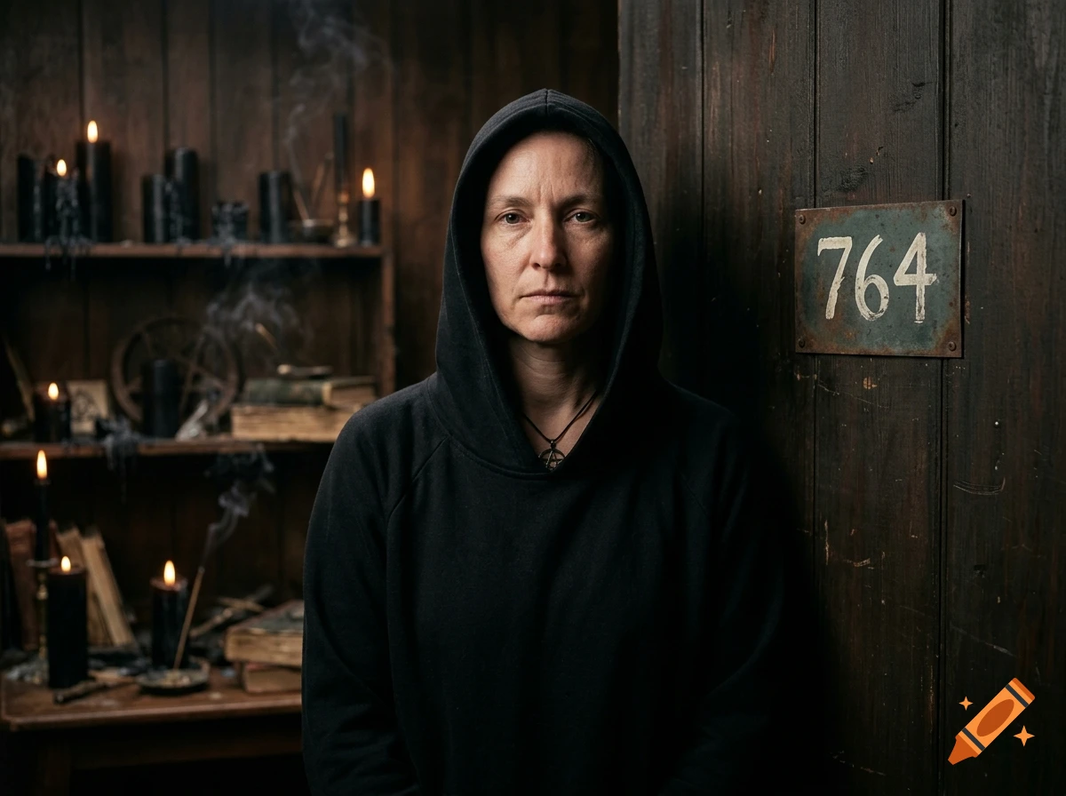 Photorealistic portrait of a person in a black hoodie standing in front of a dark wooden door with a rusty sign reading 764, next to a shelf with candles.