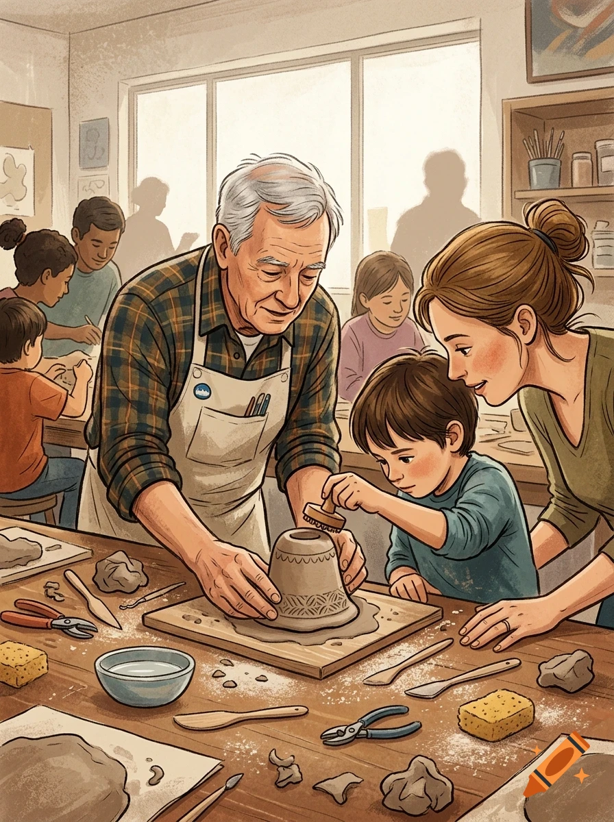 An elderly man and a young woman helping a child shape a clay pot in a pottery workshop with other people in the background.