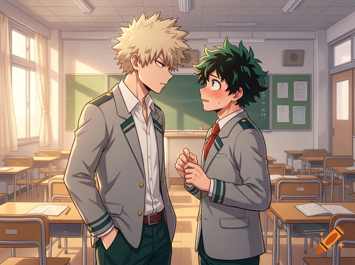 Anime style illustration of two male high school students in a classroom, one looking nervously at the other.