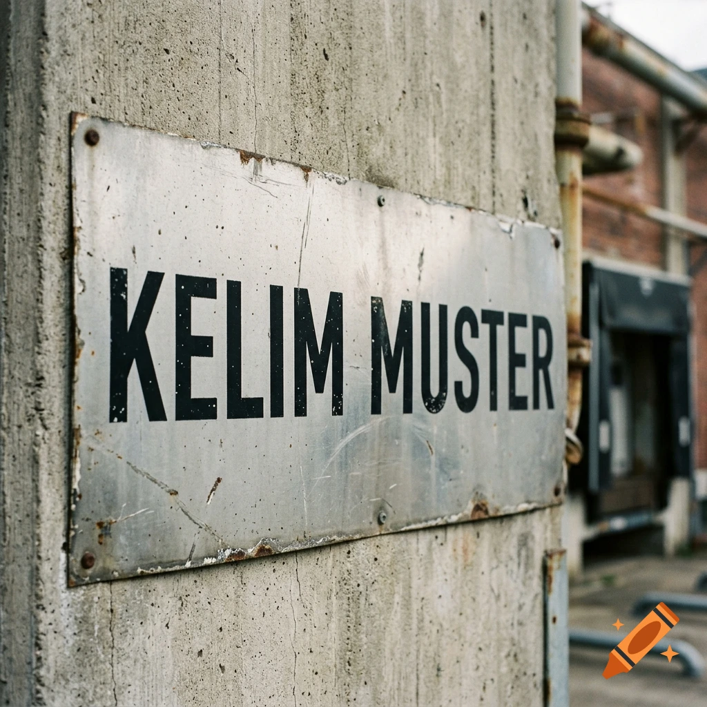 A weathered metal sign reading KELIM MUSTER mounted on a concrete pillar in an industrial setting.