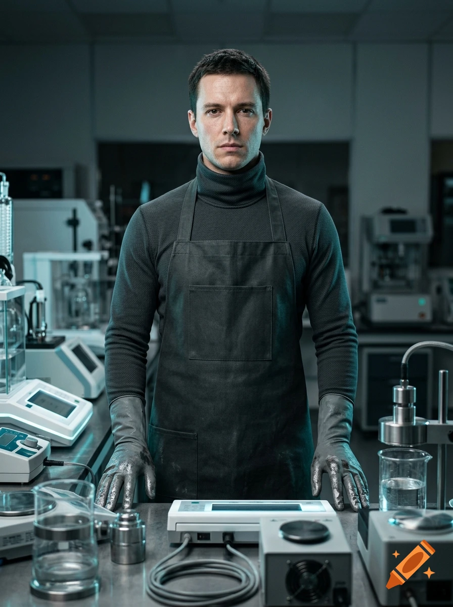 Cinematic portrait of a young male lab analyst in a dark charcoal apron and gloves standing in a high-tech laboratory.