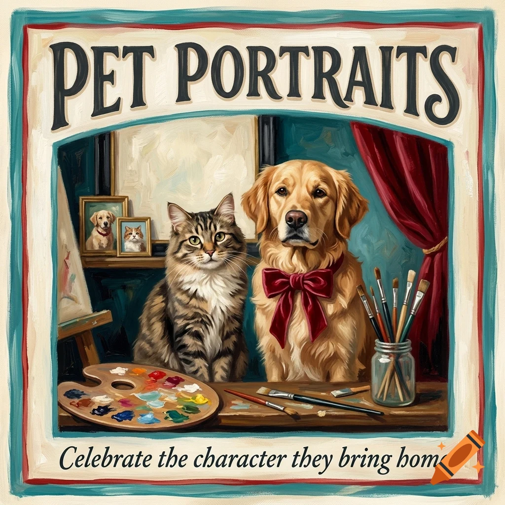 An oil painting style poster depicting a tabby cat and a golden retriever wearing a red bow, sitting before an artist's palette and brushes, with the text PET PORTRAITS above.