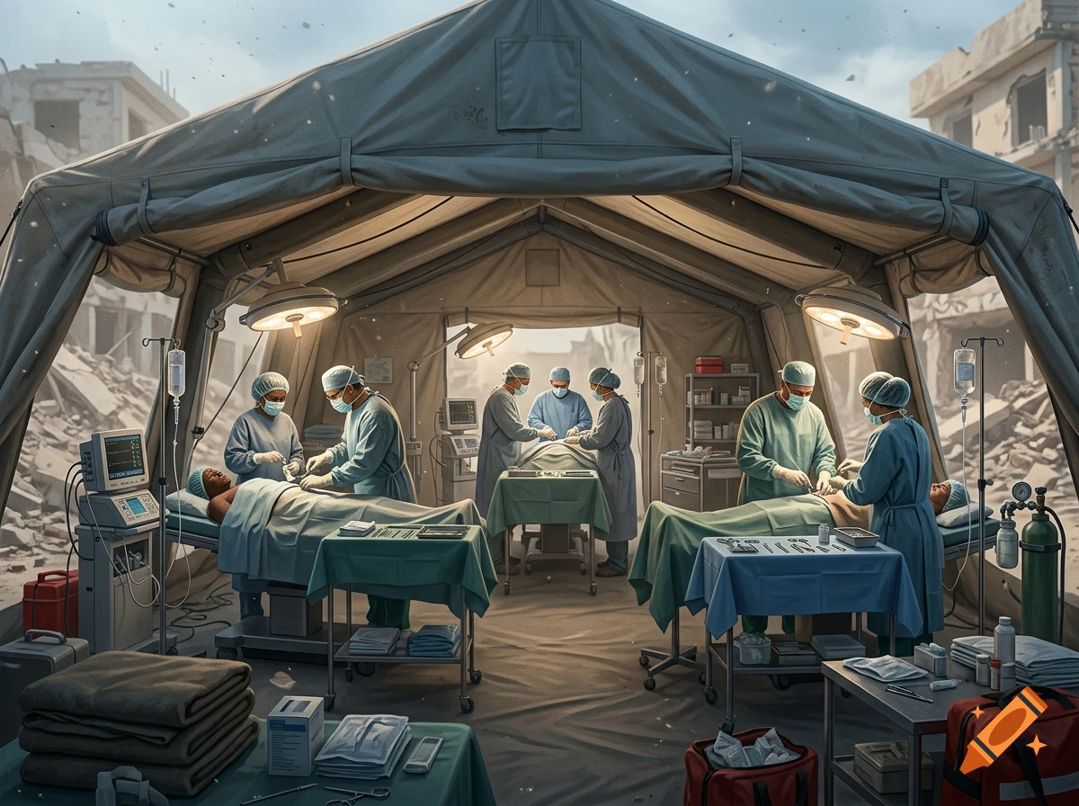 Photorealistic image of a large field hospital tent with medical staff performing surgeries inside amid earthquake debris.