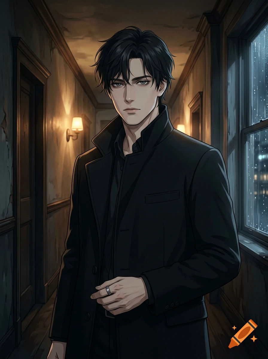 Digital anime portrait of a mysterious man in a black coat standing in a dim, rainy hallway.