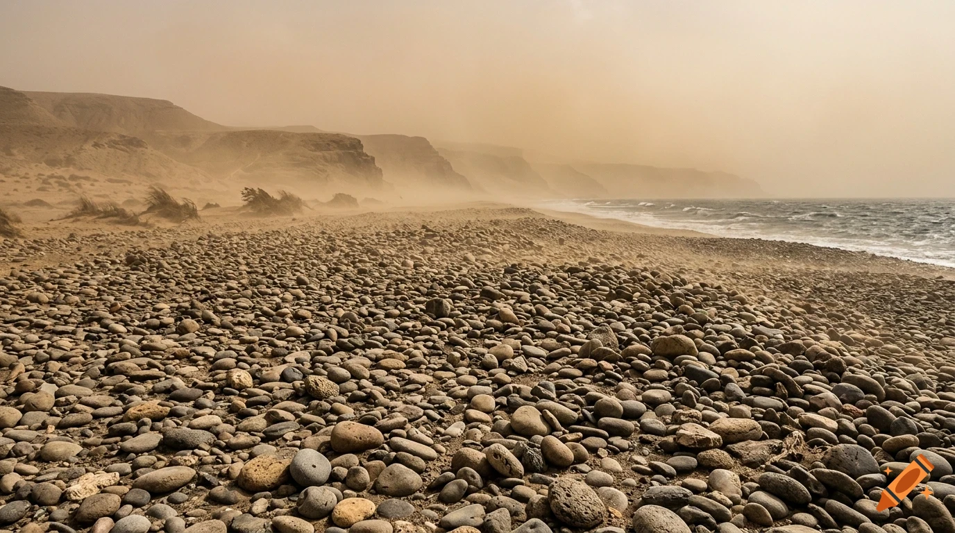 A rocky beach along the ocean under a hazy, dusty sky with distant cliffs.