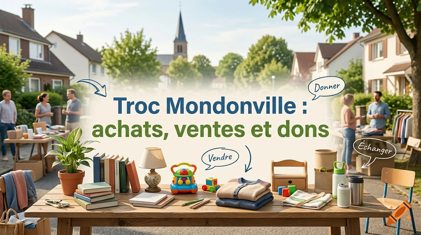 Photorealistic landscape view of a neighborhood garage sale with a wooden table full of items in the foreground and a church spire in the background.