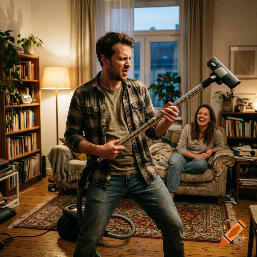 A man in a living room holds a vacuum cleaner wand like a guitar, pretending to shred, while a woman laughs on the couch behind him. Photorealistic.