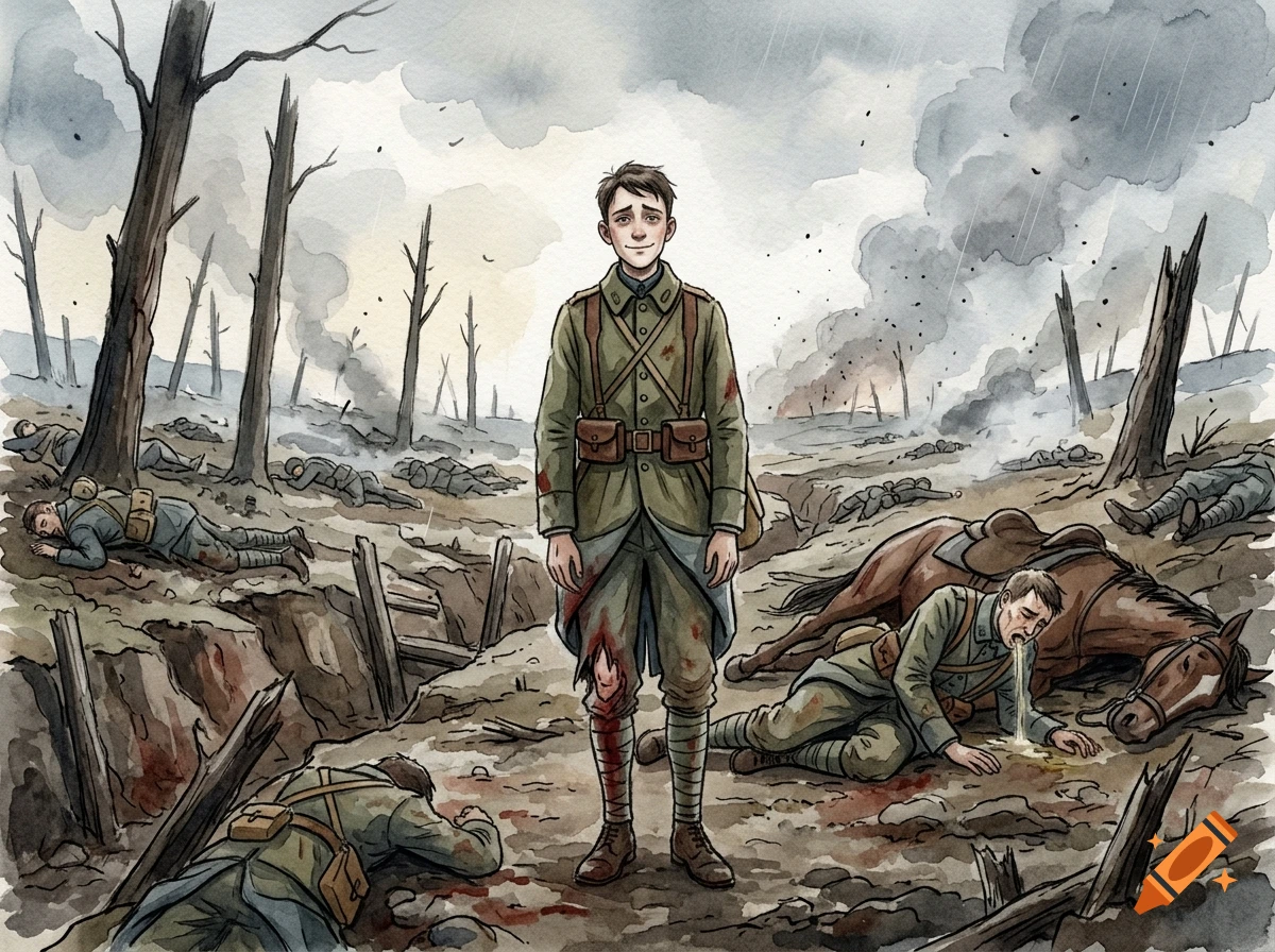 Watercolor illustration of a young French soldier standing in a devastated WWI battlefield with trenches and fallen soldiers.