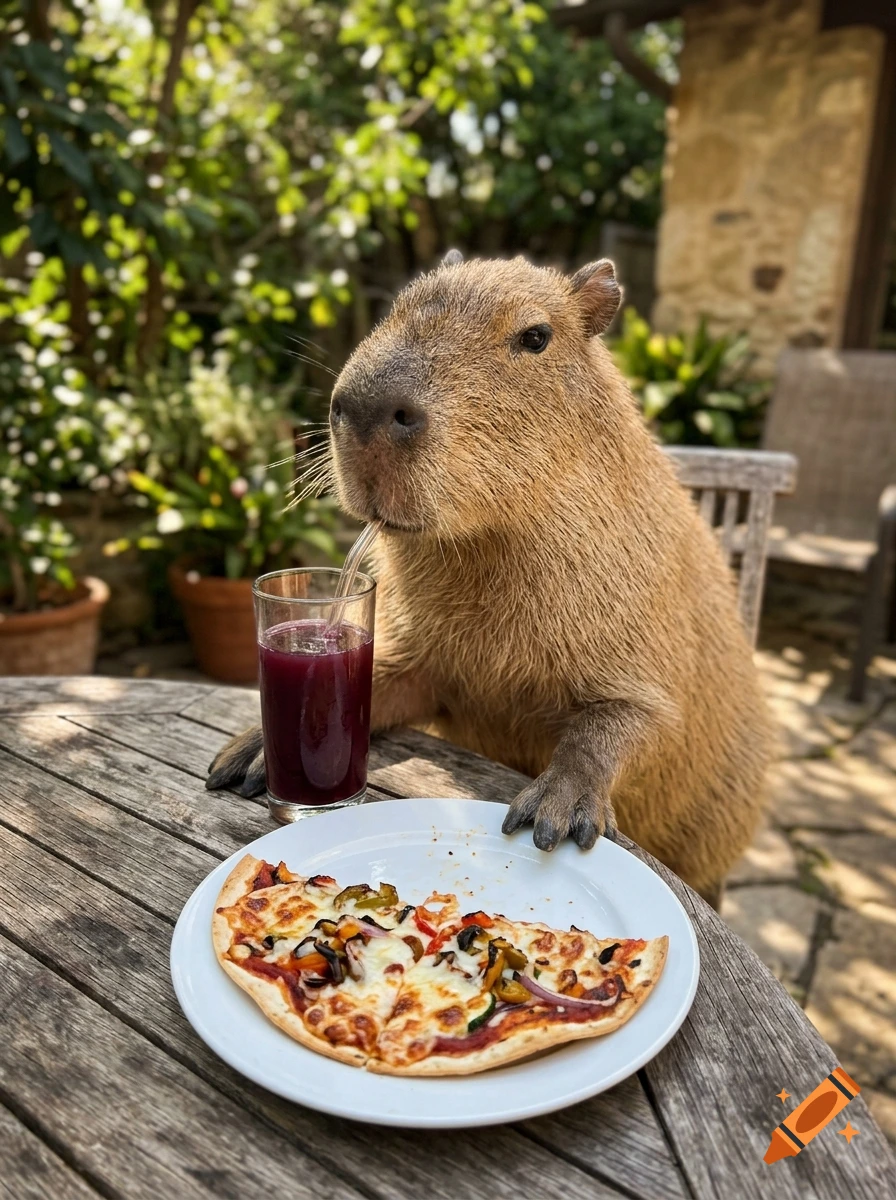 Photorealistic image of a capybara sitting at a wooden outdoor table, drinking plum juice from a glass with a straw and eating a tortilla pizza.