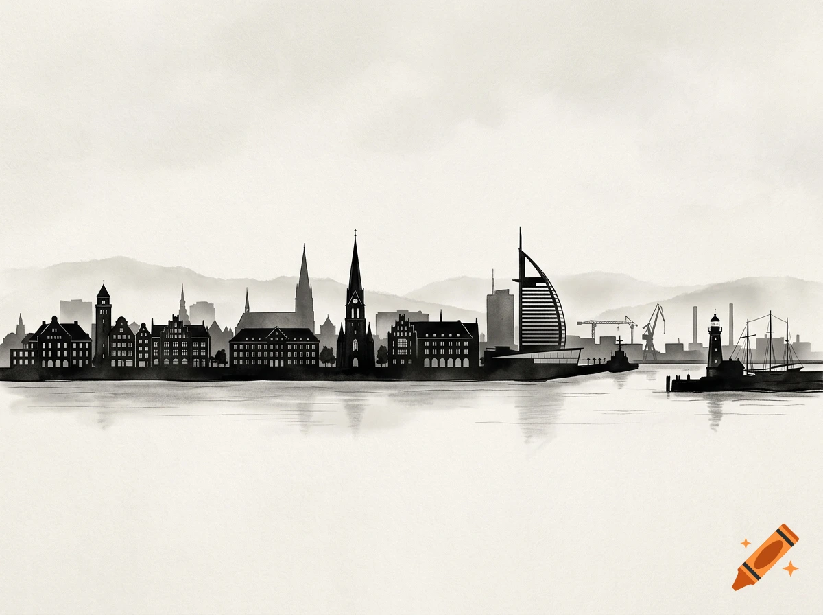 Black and white watercolor silhouette of Bremerhaven cityscape with harbor and buildings reflecting on water.