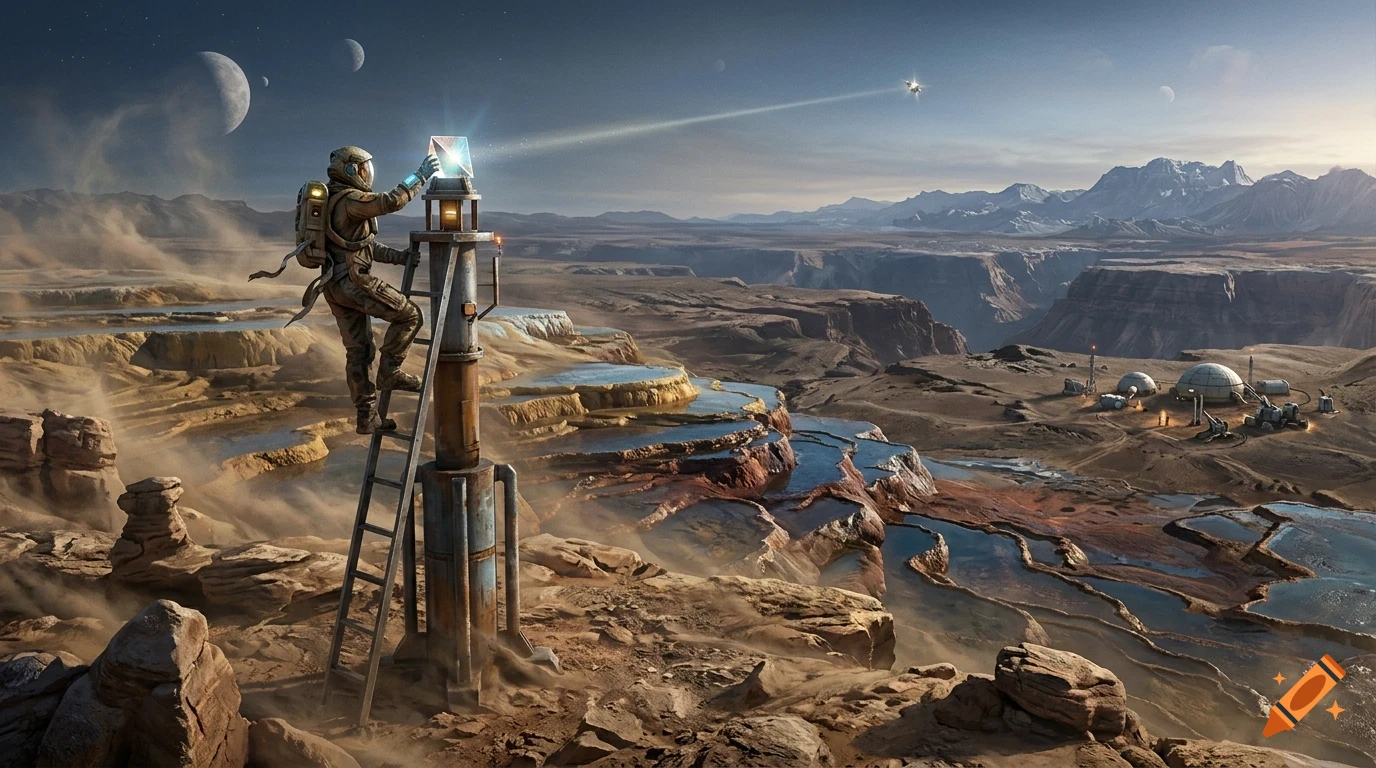 An astronaut on a ladder adjusting a beacon on a rocky alien landscape with a distant settlement and moons in the sky.