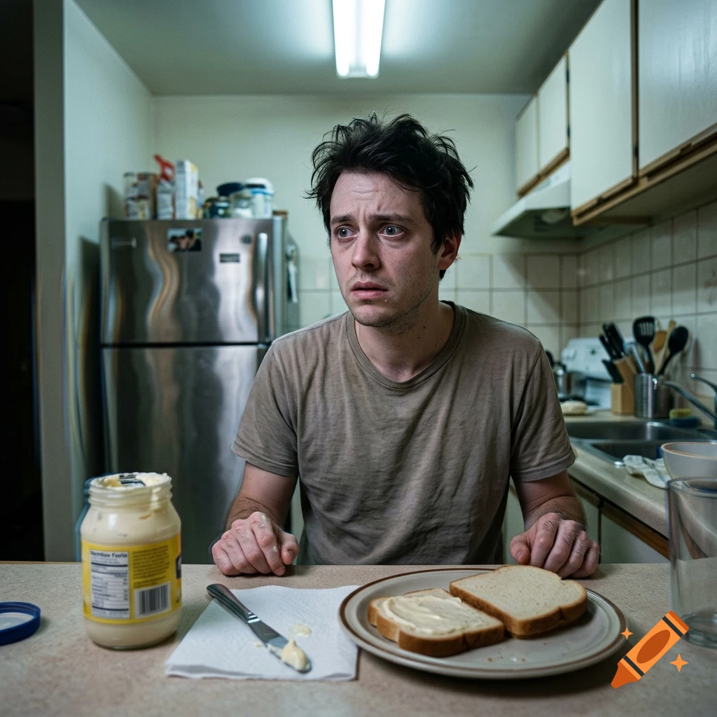 A distressed young man with messy hair sits at a kitchen table with a jar of mayonnaise and a plate of bread, looking panicked.