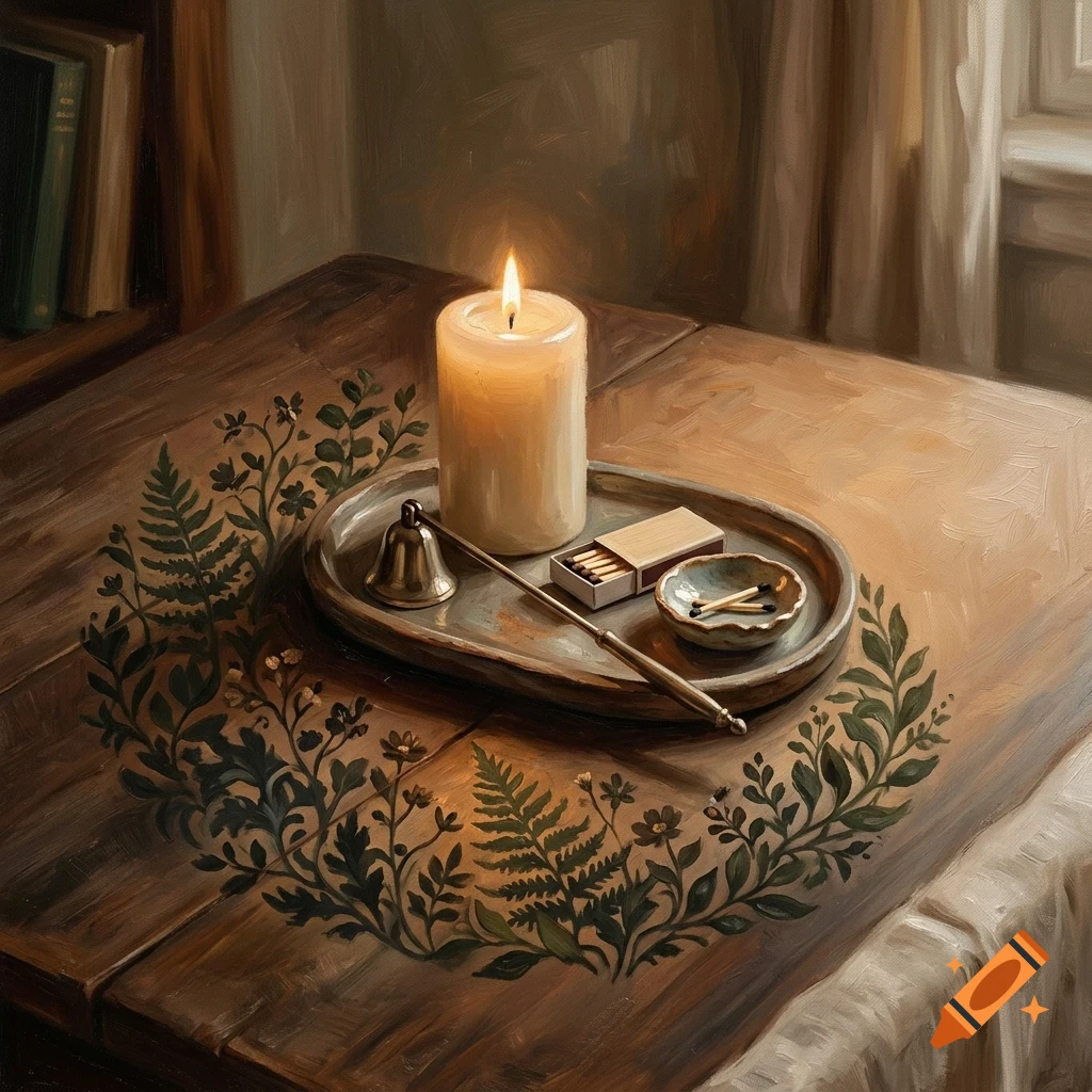 An oil painting of a lit candle, matchbox, and small bell on a wooden tray, surrounded by a painted floral wreath on a table.