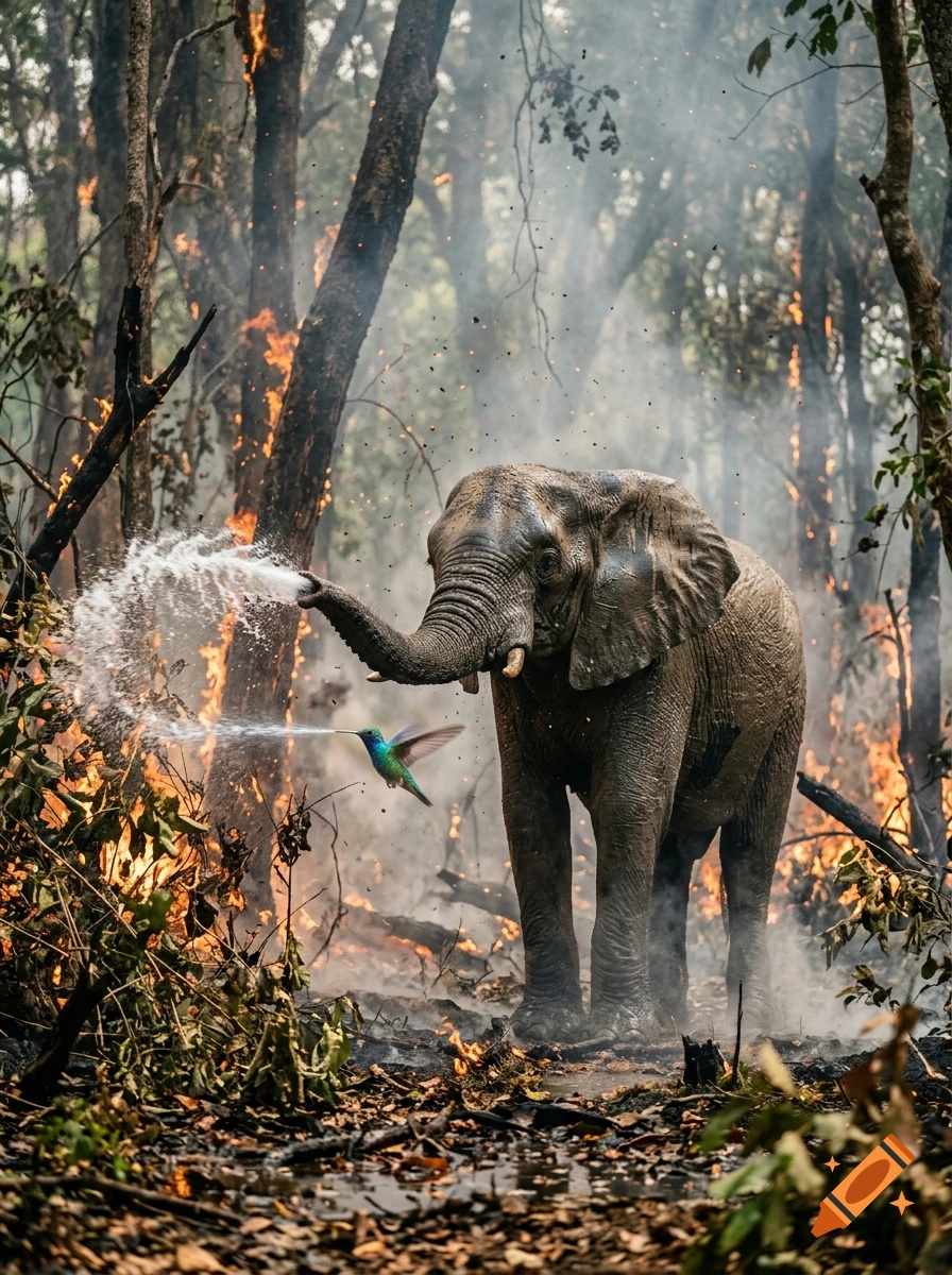 An elephant and a hummingbird spraying water from their trunks and beaks to extinguish a burning forest, photorealistic style.