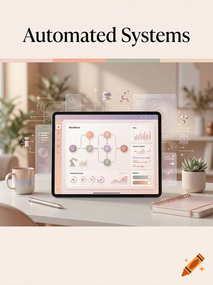 A modern tablet displaying automated workflow diagrams on a desk with a coffee cup, plant, and notebook, in a soft pastel aesthetic.