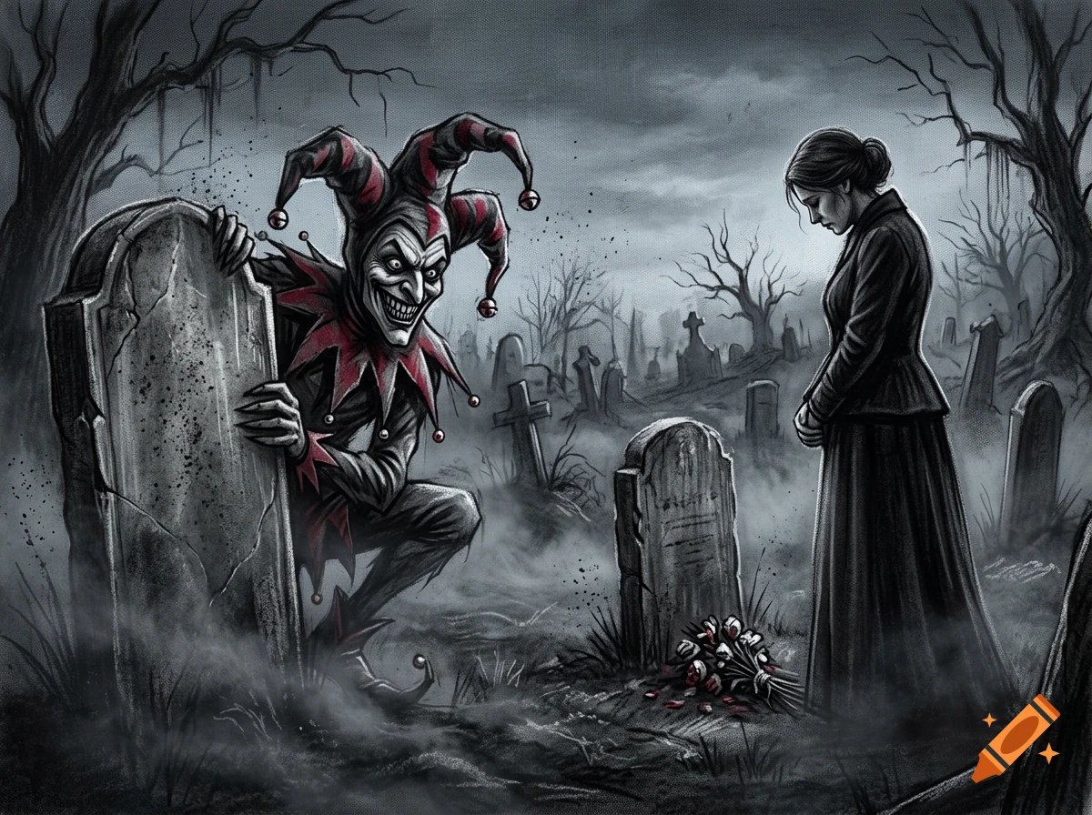 Chalk art illustration of a sinister jester grinning behind a tombstone in a foggy cemetery while a grieving woman stands nearby.