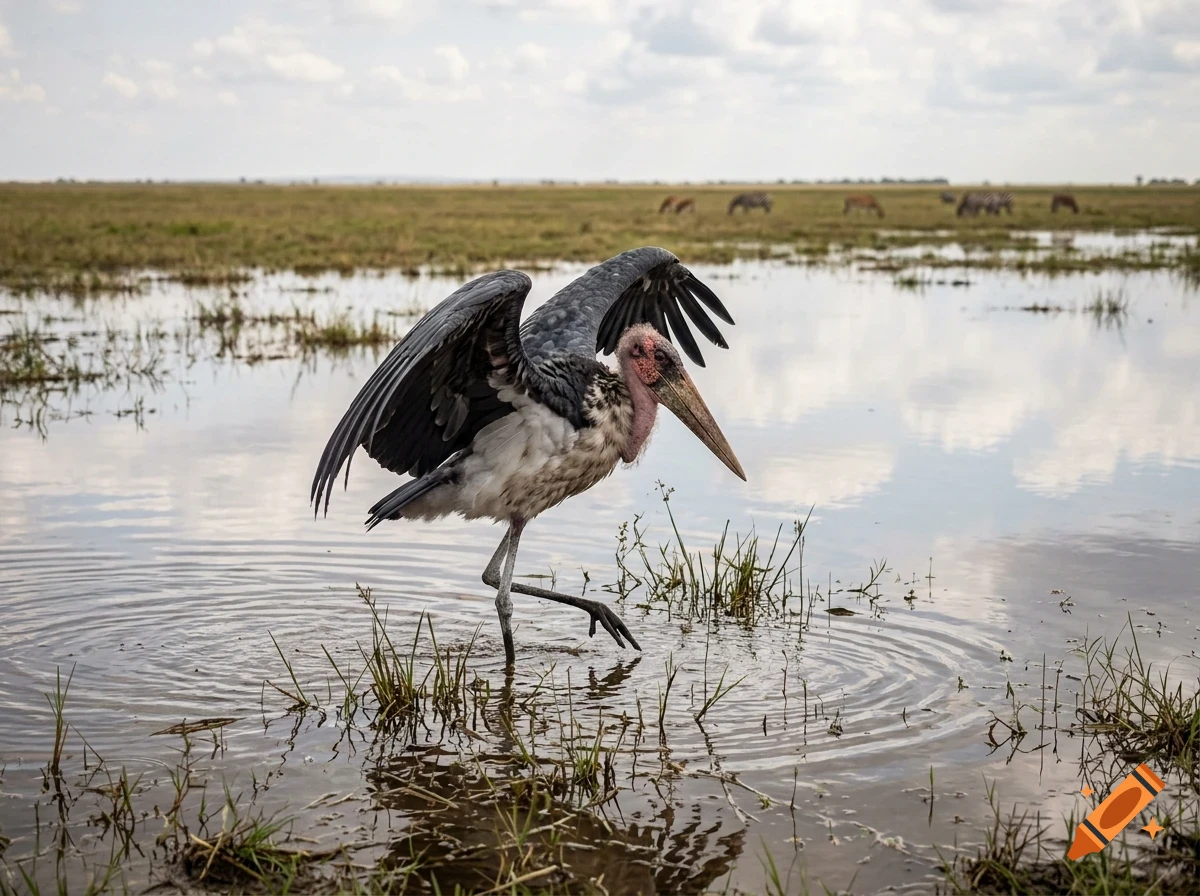 A marabou stork stands in shallow water with its wings partially open.