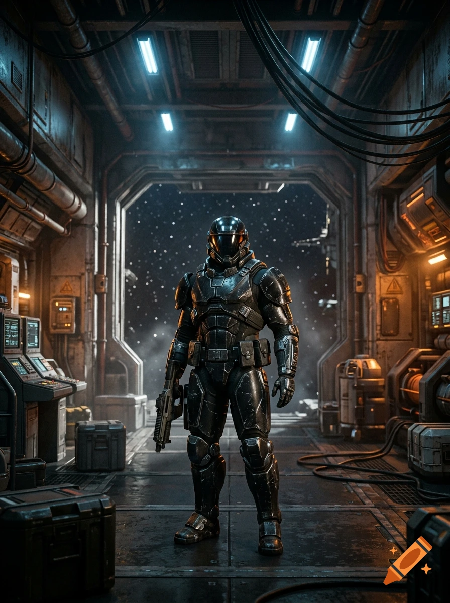 Photorealistic image of a futuristic armored soldier standing inside a sci-fi spaceship corridor overlooking starry space.