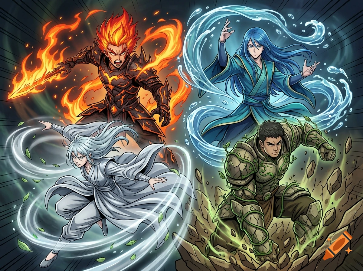 Manga style illustration of four characters representing the elements fire, water, wind, and earth.