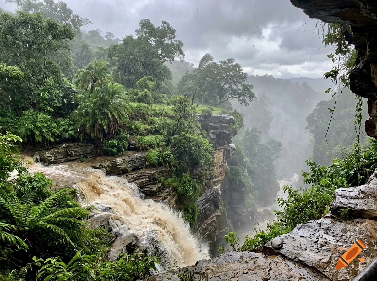 A photograph looking out from a rocky overhang toward a rushing waterfall amidst a lush, rainy jungle canyon under an overcast sky.