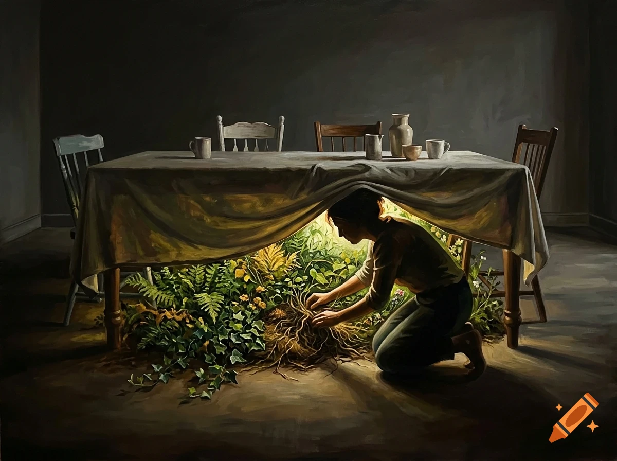 A person kneels beneath a dining room table where a lush indoor garden with ferns and plants grows from the floor under the tablecloth.