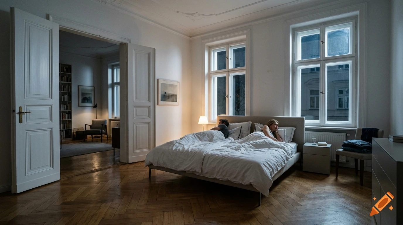 Photorealistic Munich altbau bedroom at night with a couple sleeping back to back in a designer bed.