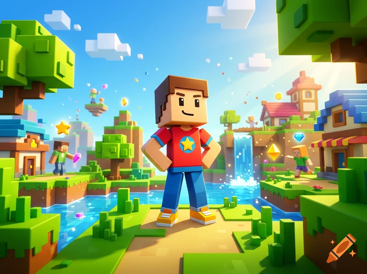 3D digital illustration of a blocky video game character in a colorful voxel world with floating islands, a waterfall, and a bright blue sky.