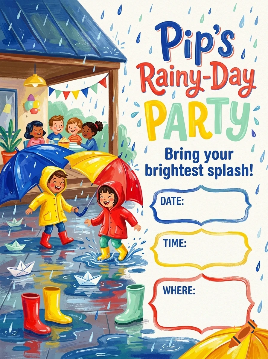 An illustrated children's party invitation featuring kids in raincoats splashing in puddles with umbrellas under the rain.