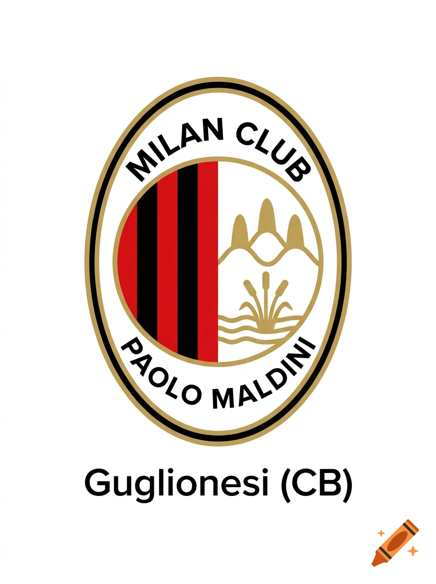 Minimalist graphic logo for a football club featuring an oval design with red and black stripes and hills, reading 'MILAN CLUB PAOLO MALDINI Guglionesi (CB)'.