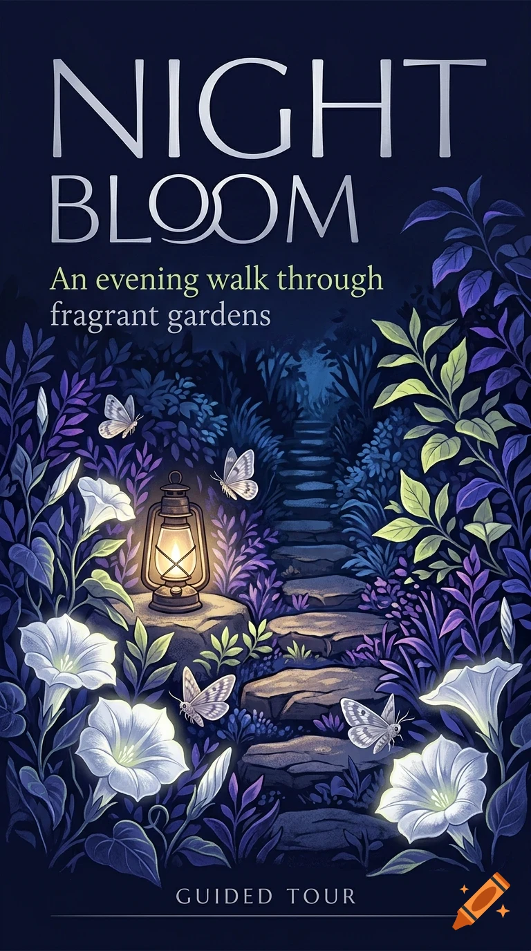An illustrated poster depicting a nighttime path through a garden with glowing white flowers, a lit lantern on a stone, and flying butterflies, accompanied by the text 'NIGHT BLOOM'.