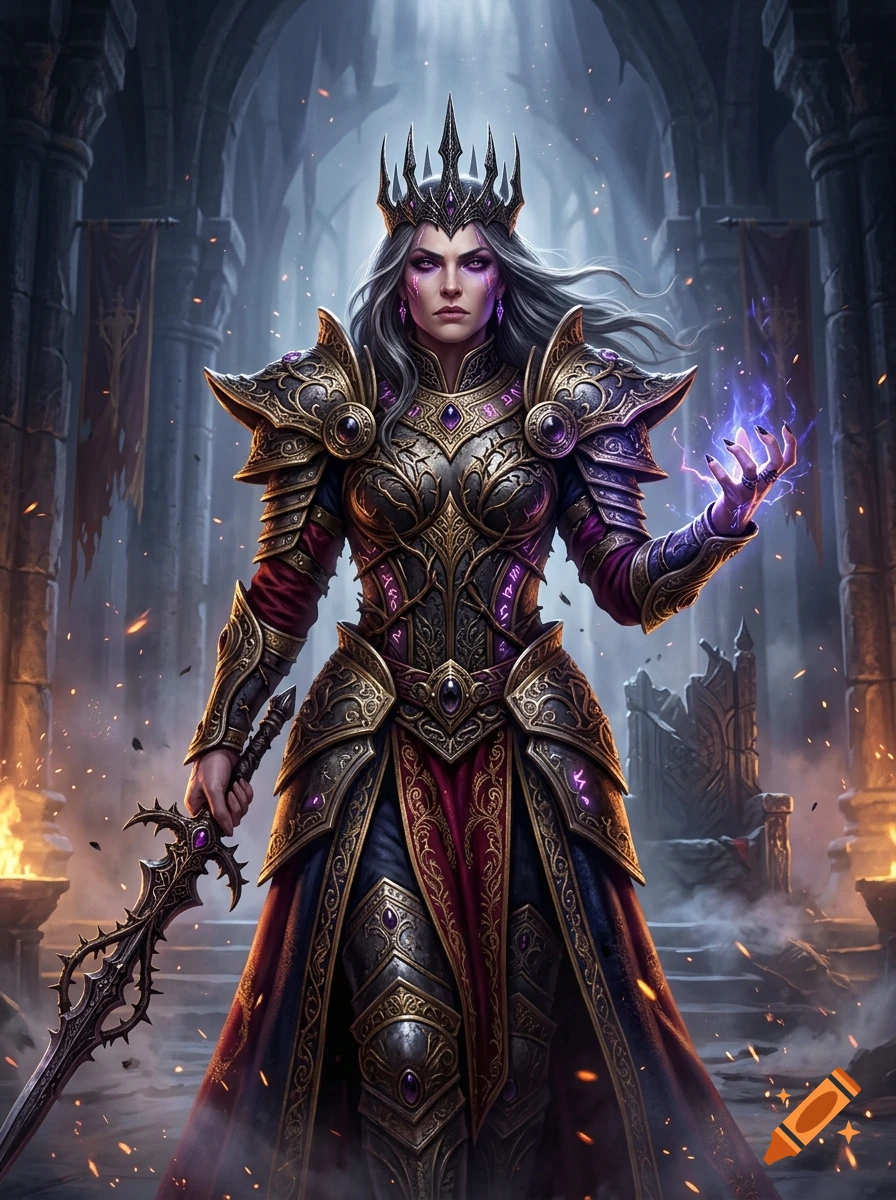 Epic fantasy digital illustration of Queen Grimhild in ornate armor holding a glowing magical sword and energy in a stone hall.