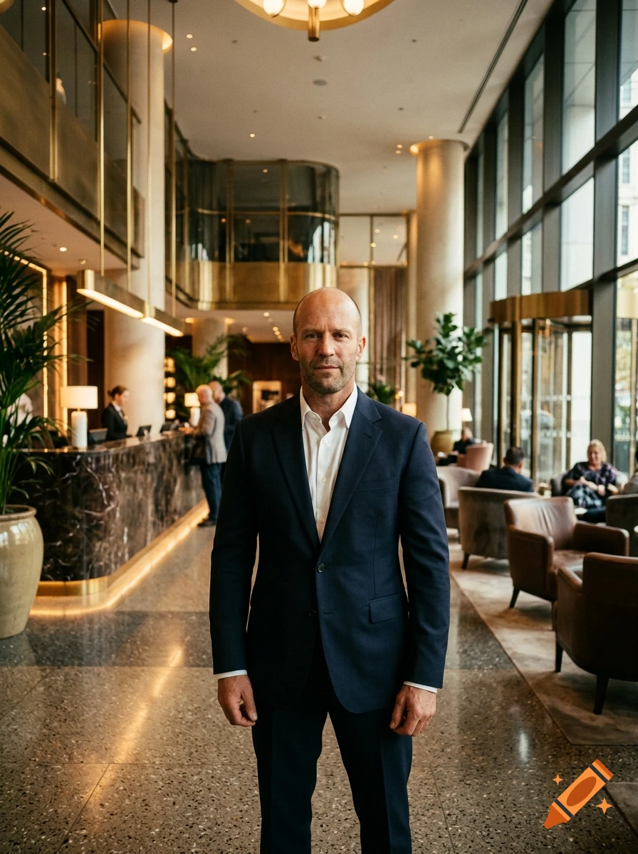 Photorealistic medium shot of a bald man in a dark suit standing in a luxury hotel lobby.
