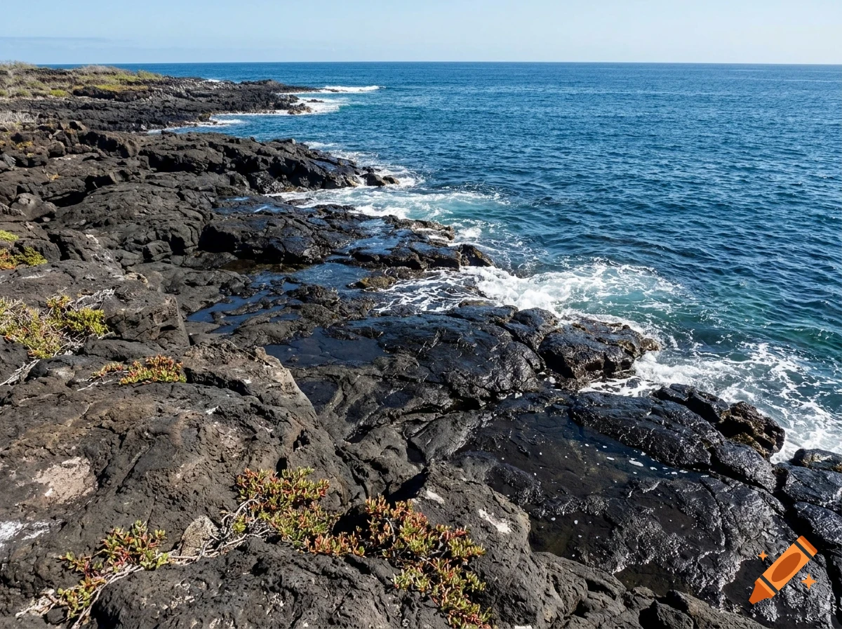 A rocky coastline with dark volcanic rocks meeting the blue ocean, with waves crashing against the shore.