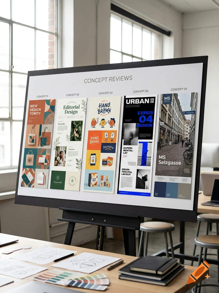 A design concept presentation board on an easel in a bright studio, showing multiple design mockups and a photograph of a street.